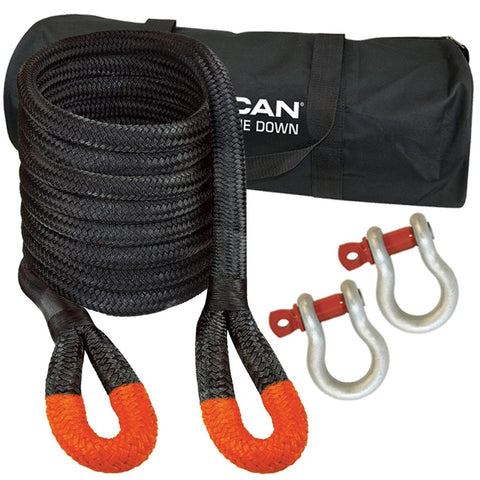 VULCAN Off-Road Double Braided Recovery Rope Kit with 1-1/4 Inch x 30 Foot Rope - Two Shackles and Vented Storage Bag - 52,300 Pound Breaking Strength - Orange - Black