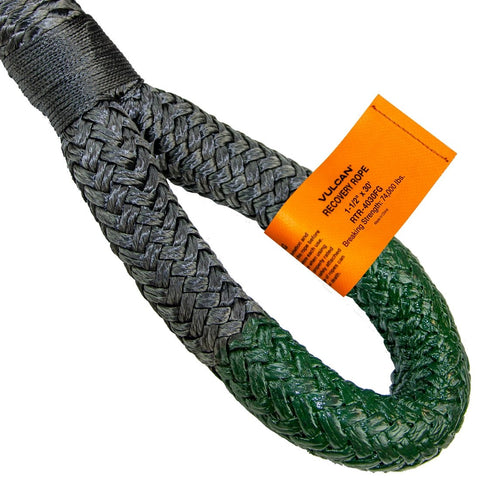 VULCAN Off-Road Recovery Rope - 1-1/2 Inch x 30 Foot - Green Eyes - 74,000 Pound Breaking Strength - Includes Vented Storage Bag