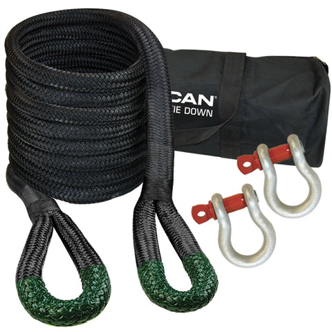 VULCAN Off-Road Double Braided Recovery Rope Kit with 1-1/2 Inch x 30 Foot Rope - Two Shackles and Vented Storage Bag - 74,000 Pound Breaking Strength - Green - Black