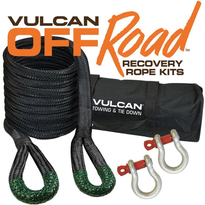 VULCAN Off-Road Double Braided Recovery Rope Kit with 1-1/2 Inch x 30 Foot Rope - Two Shackles and Vented Storage Bag - 74,000 Pound Breaking Strength - Green - Black