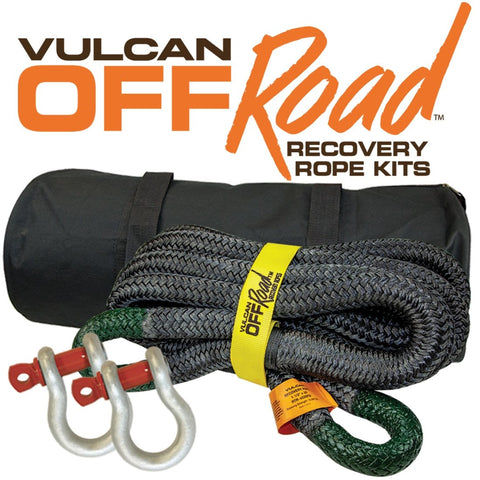 VULCAN Off-Road Double Braided Recovery Rope Kit with 1-1/2 Inch x 30 Foot Rope - Two Shackles and Vented Storage Bag - 74,000 Pound Breaking Strength - Green - Black