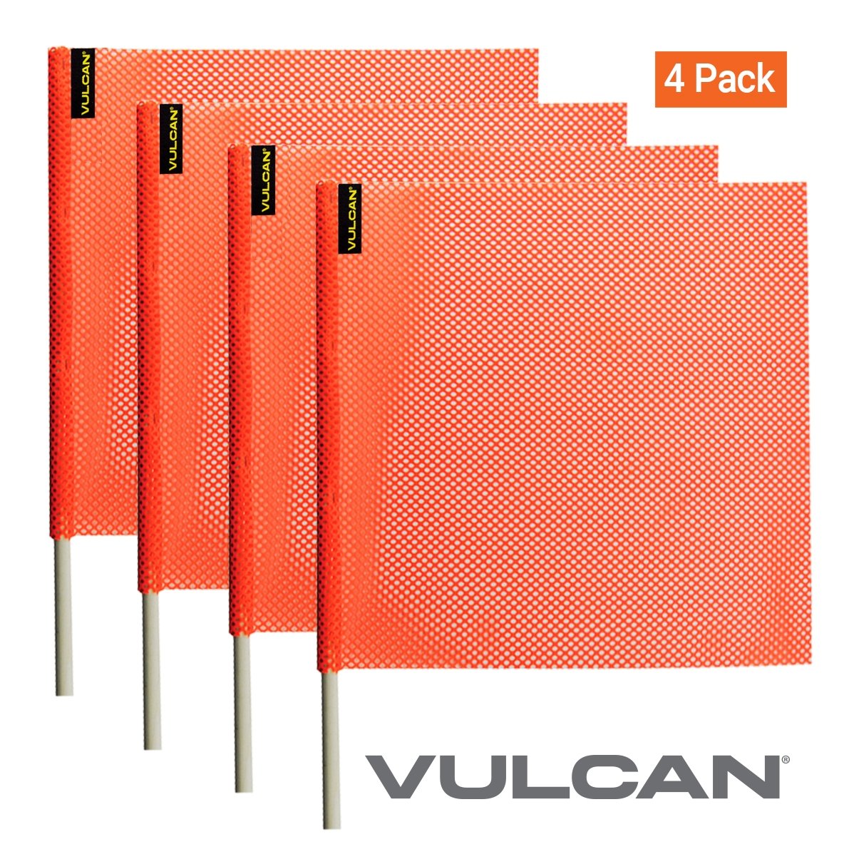 VULCAN Safety Flag with Dowel - Bright Orange - Jersey Mesh Construction - 18 Inch x 18 Inch - 4 Pack