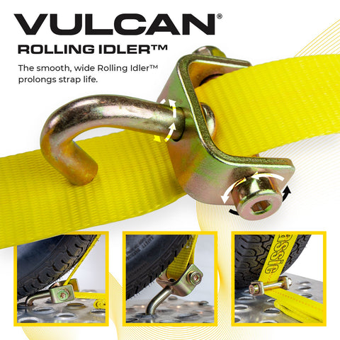 VULCAN Autohauler Car Tie Down - Rolling Idler Three Cleat - 120 Inch - 4 Pack - Classic Yellow - 3,300 Pound Safe Working Load