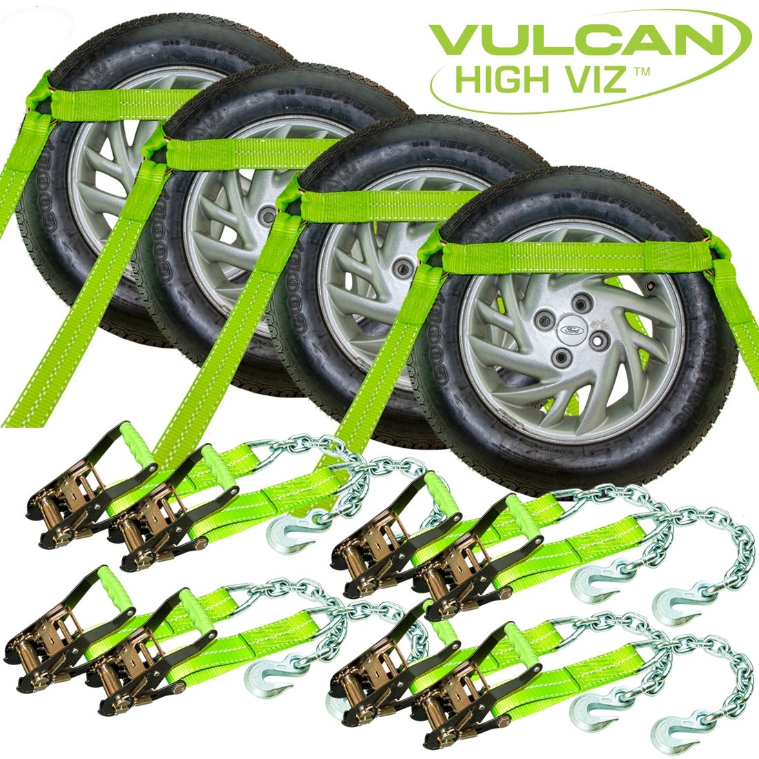 VULCAN Car Tie Down with Chain Anchors - Side Rail - 4 Pack - High-Viz - 3,300 Pound Safe Working Load