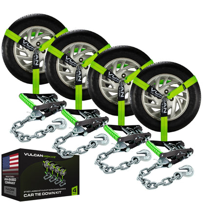 VULCAN Lasso Style Auto Tie Down with Chain Anchors - 2 Inch x 96 Inch, 4 Pack - 3,300 Pound Safe Working Load