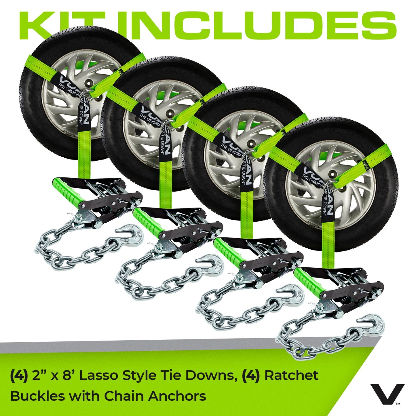 VULCAN Car Tie Down with Chain Anchors - Lasso Style - 2 Inch x 96 Inch - 4 Pack - High-Viz - 3,300 Pound Safe Working Load