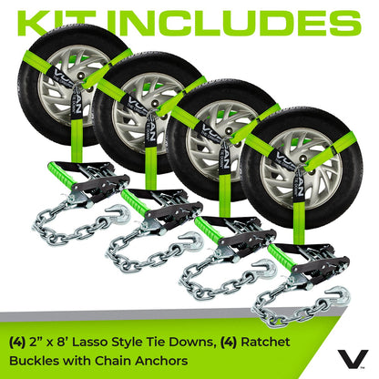 VULCAN Car Tie Down with Chain Anchors - Lasso Style - 2 Inch x 96 Inch - 4 Pack - High-Viz - 3,300 Pound Safe Working Load