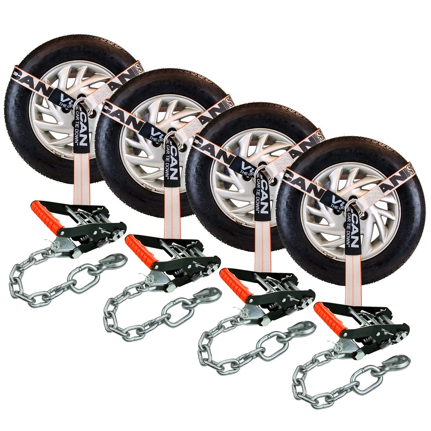 VULCAN Lasso Style Auto Tie Down with Chain Anchors - 2 Inch x 96 Inch, 4 Pack - 3,300 Pound Safe Working Load