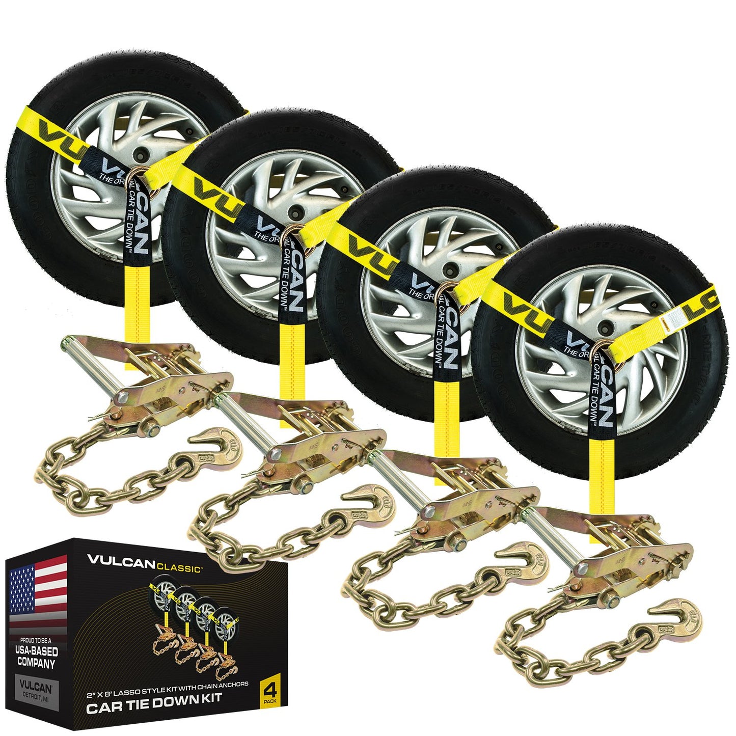 VULCAN Lasso Style Auto Tie Down with Chain Anchors - 2 Inch x 96 Inch, 4 Pack - 3,300 Pound Safe Working Load