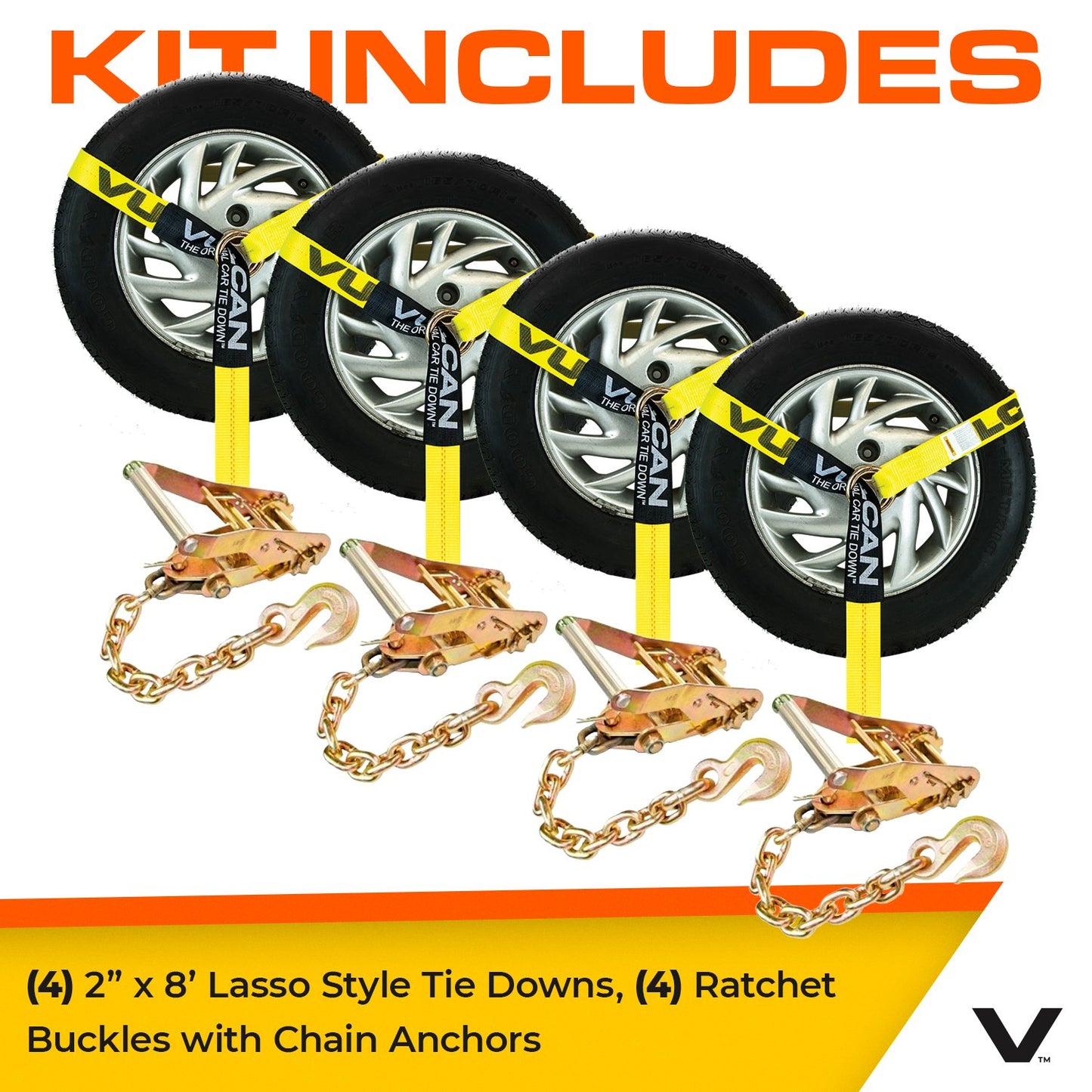 VULCAN Lasso Style Auto Tie Down with Chain Anchors - 2 Inch x 96 Inch, 4 Pack - 3,300 Pound Safe Working Load