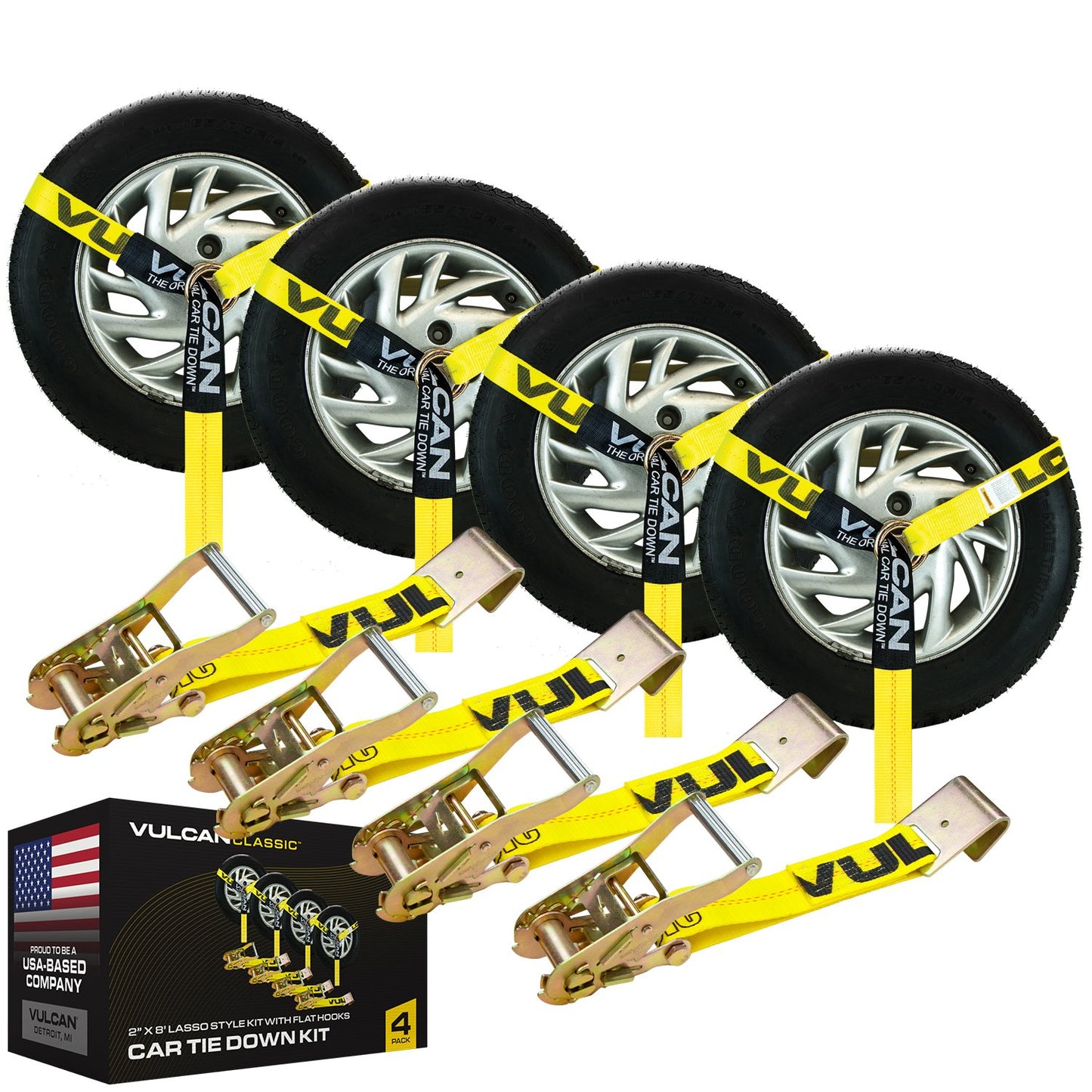 VULCAN Lasso Style Auto Tie Down with Flat Hooks - 2 Inch x 96 Inch, 4 Pack - 3,300 Pound Safe Working Load