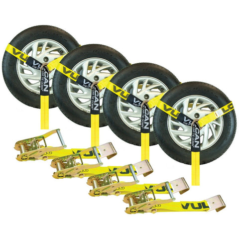 VULCAN Car Tie Down with Flat Hooks - Lasso Style - 2 Inch x 96 Inch - 4 Pack - Classic Yellow - 3,300 Pound Safe Working Load