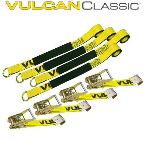 VULCAN Car Tie Down with Flat Hooks - Lasso Style - 2 Inch x 96 Inch - 4 Pack - Classic Yellow - 3,300 Pound Safe Working Load