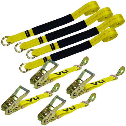 VULCAN Car Tie Down - Twisted Snap Hooks - Lasso Style - 2 Inch x 96 Inch - 4 Pack - Classic Yellow - 3,300 Pound Safe Working Load