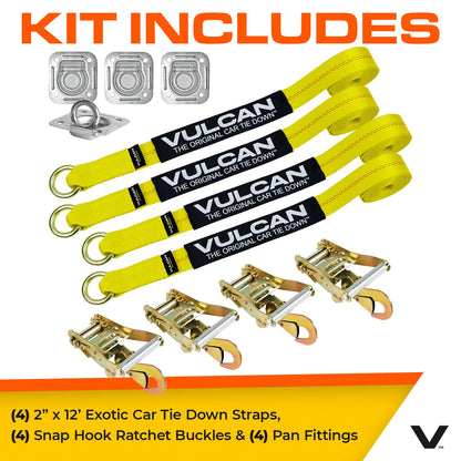 VULCAN Exotic Car Rim Tie Down Set with Flush Mount Pan Fittings - 2 Inch x 144 Inch - 4 Straps - Classic Yellow - 3,300 Pound Safe Working Load