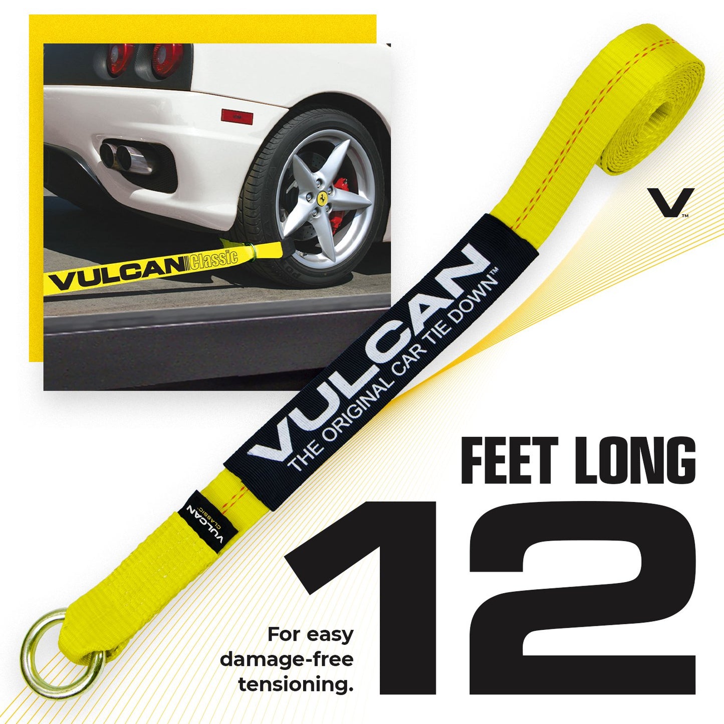 VULCAN Exotic Car Rim Tie Down Set with Flush Mount Pan Fittings - 2 Inch x 144 Inch - 4 Straps - Classic Yellow - 3,300 Pound Safe Working Load