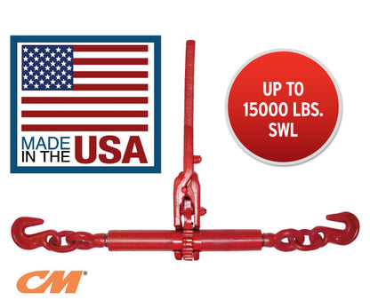 Columbus Mckinnon Ratchet Style Load Binder with 2 Grab Hooks - 13,000 Lbs. Safe Working Load - Made In The U.S.A. (For 1/2'' Grade 70 or 1/2'' Grade 80 Chain)