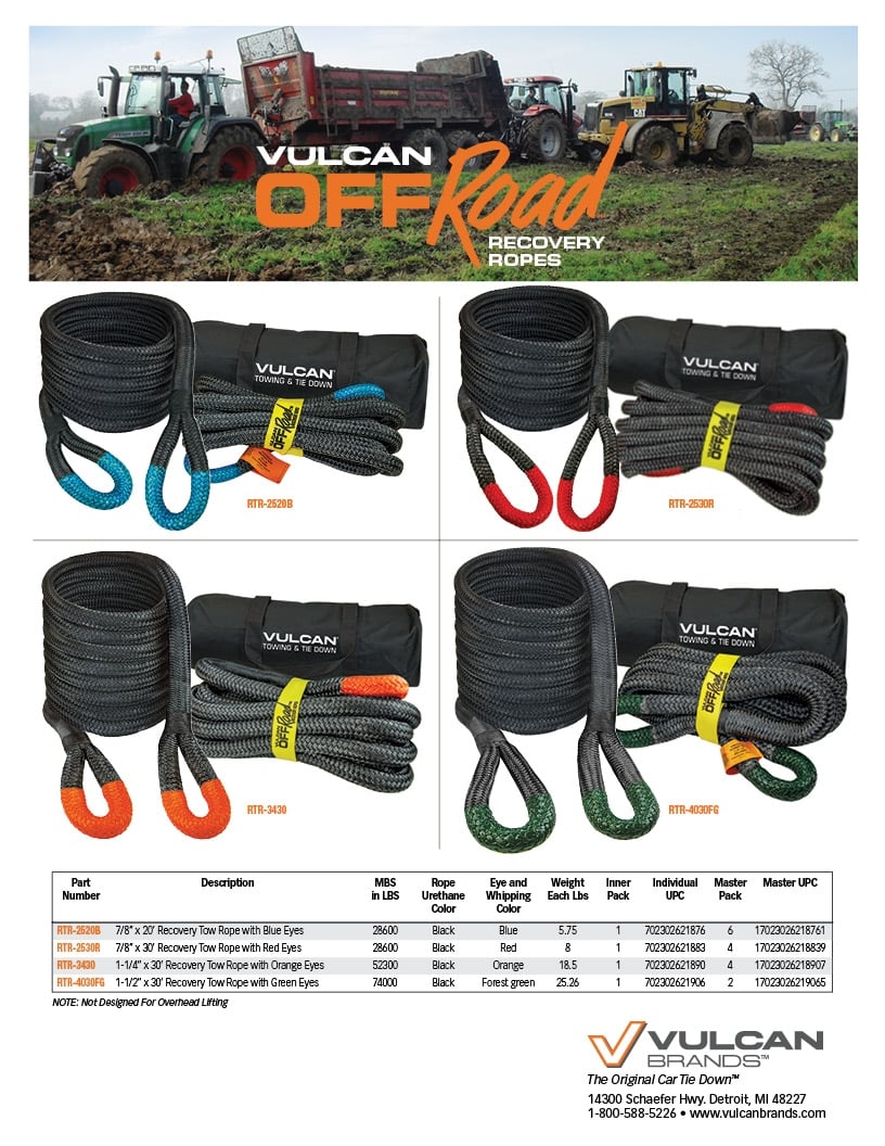 VULCAN Off-Road Recovery Rope - 1-1/2 Inch x 30 Foot - Green Eyes - 74,000 Pound Breaking Strength - Includes Vented Storage Bag