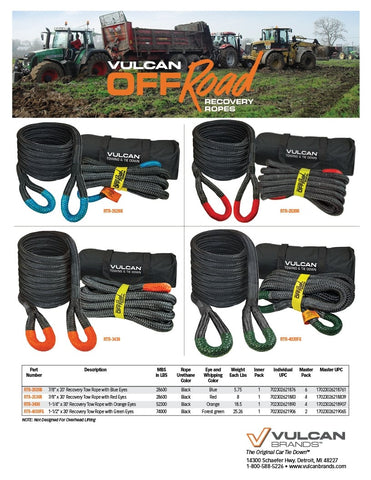 VULCAN Off-Road Recovery Rope - 1-1/4 Inch x 30 Foot - Orange Eyes - 52,300 Pound Breaking Strength - Includes Vented Storage Bag