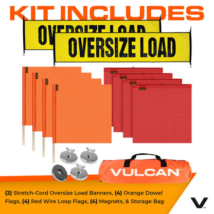 VULCAN Flags, Oversize Load Banners, and Magnets Kit - Includes 2 Stretch Cord Oversize Load Banners, 4 Magnets, 4 Red Flags, 4 Orange Flags, and A High-Viz Vented Storage Bag