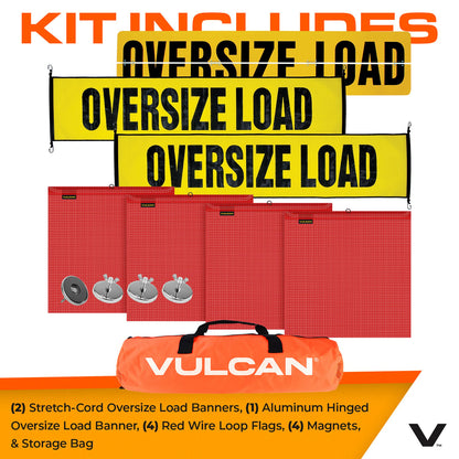 VULCAN Flags, Oversize Load Signs, and Magnets Kit - Includes 1 Aluminum Oversize Load Sign, 2 Nylon Oversize Load Signs, 4 Red Flags, and 4 Magnets