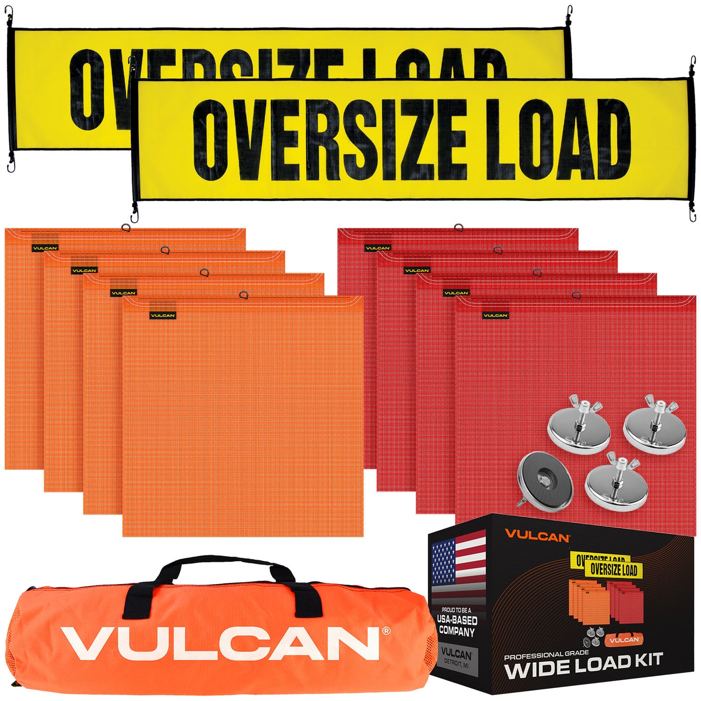 VULCAN Oversize Load Banners, Multi-Color Flags and Magnets Kit - Includes 2 Stretch Cord Oversize Load Banners, 4 Magnets, 4 Red Flags, 4 Orange Flags, and A High-Viz Vented Storage Bag