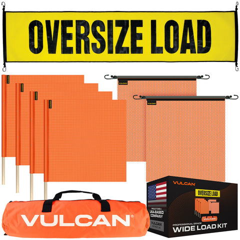 VULCAN Banner and Flags Kit - Includes 1 Economy Stretch Cord Oversize Load Banner, 2 Stretch Cord Orange Flags, 2 Wood Dowel Orange Flags