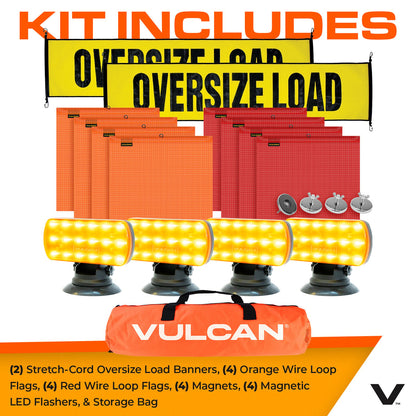 VULCAN Oversize Load Banners, Multi-Color Flags, Amber Flashers, and Magnets Kit - Includes 2 Stretch Cord Oversize Load Banners, 4 Magnets, 4 Red Flags, 4 Orange Flags, 4 Amber Flashers, and Bag