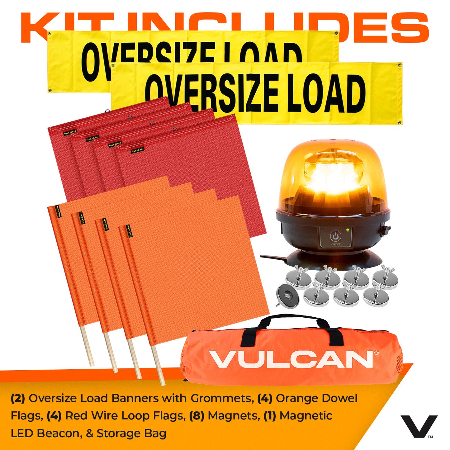 VULCAN Pilot Car Kit - Includes 2 Solid Oversized Load Banners, 1 Magnetic Amber Remote-Control LED Beacon, 8 Magnets, 4 Red Flags, and 4 Orange Flags