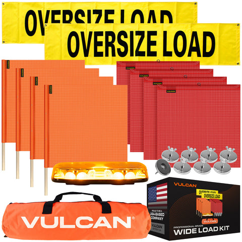 VULCAN Pilot Car Kit - Includes 2 Solid Oversized Load Banners, 1 Magnetic Amber LED Mini Light Bar, 8 Magnets, 4 Red Flags, and 4 Orange Flags