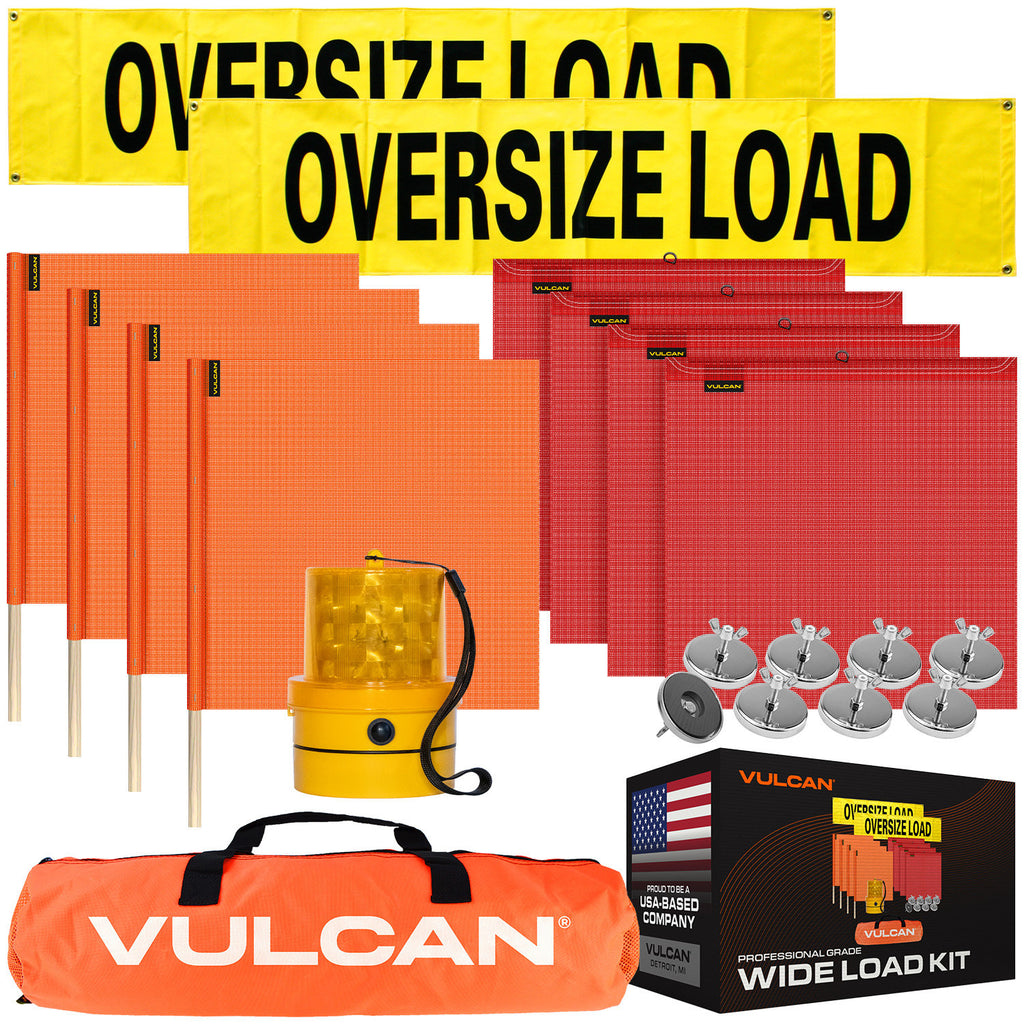 VULCAN Pilot Car Kit - Includes 2 Solid Oversized Load Banners, 1 Amber LED Emergency Warning Beacon, 8 Magnets, 4 Red Flags, and 4 Orange Flags