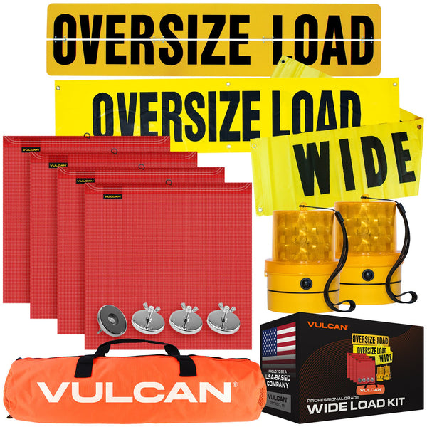 VULCAN Wide Load Kit - Includes (1) 12x72" Oversize Load Sign,  (2) 14x72" Reversible Wide Load/Oversize Load Signs, (4) Wire Loop Flags, (4) Flag Magnets, And (2) FREE Amber Beacons