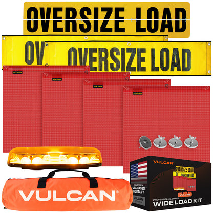 VULCAN Wide Load Kit For Pilot Cars - Includes (1) Hinged Aluminum 12x60" Oversize Load Sign, (2) Mesh 12x60" Oversized Load Banners, (4) Wire Loop Flags, (4) Flag Magnets, And FREE Mini Light Bar