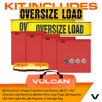 VULCAN Wide Load Kit For Pilot Cars - Includes (1) Hinged Aluminum 12x60" Oversize Load Sign, (2) Mesh 12x60" Oversized Load Banners, (4) Wire Loop Flags, (4) Flag Magnets, And FREE Mini Light Bar