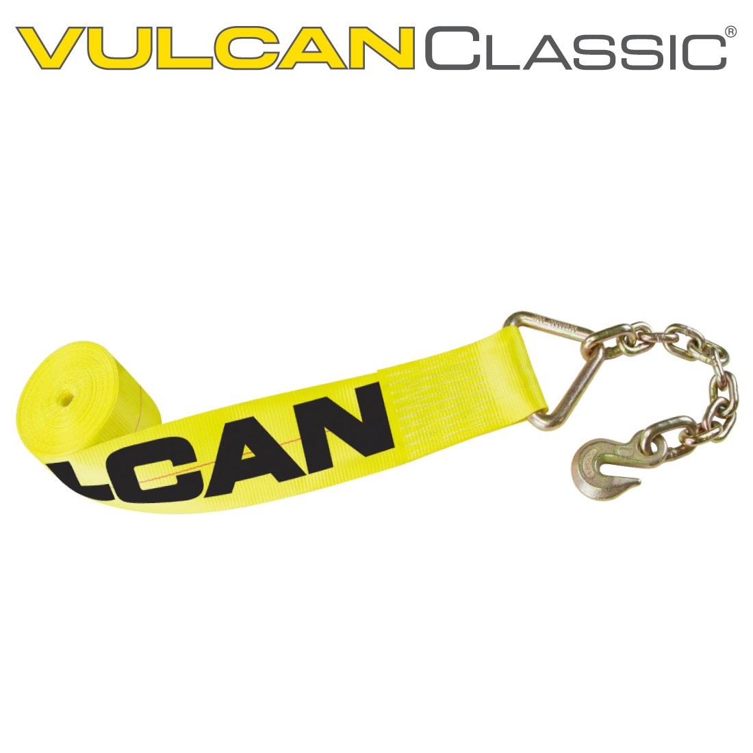 VULCAN Winch Strap with Chain Anchor - 4 Inch - Classic Yellow - 5,400 Pound Safe Working Load