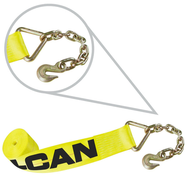 VULCAN Winch Strap with Chain Anchor - 4 Inch - Classic Yellow - 5,400 Pound Safe Working Load