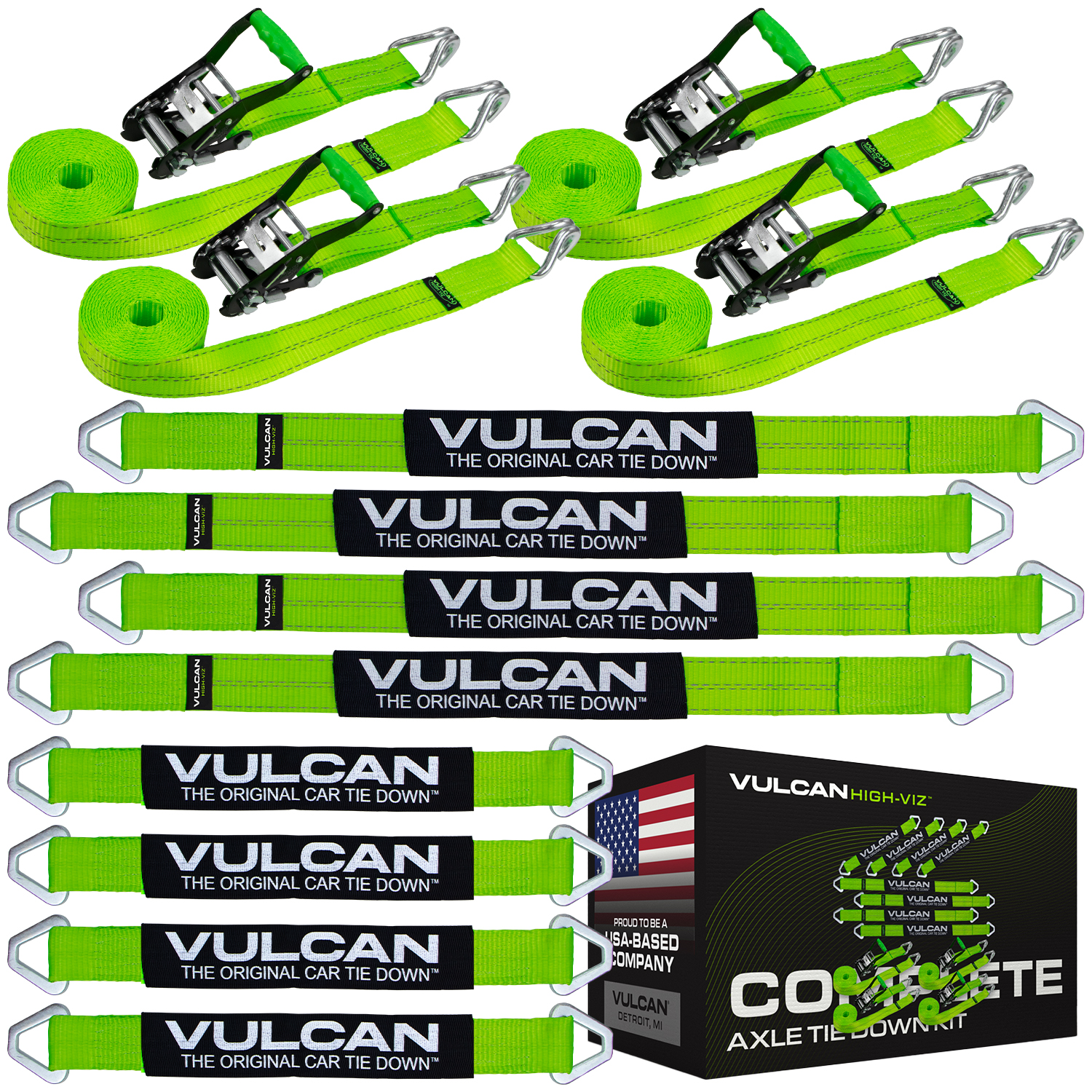 VULCAN Ratchet Strap with Wire Hooks - 2 Inch x 15 Foot - 4 Pack - High-Viz  - 3,300 Pound Safe Working Load