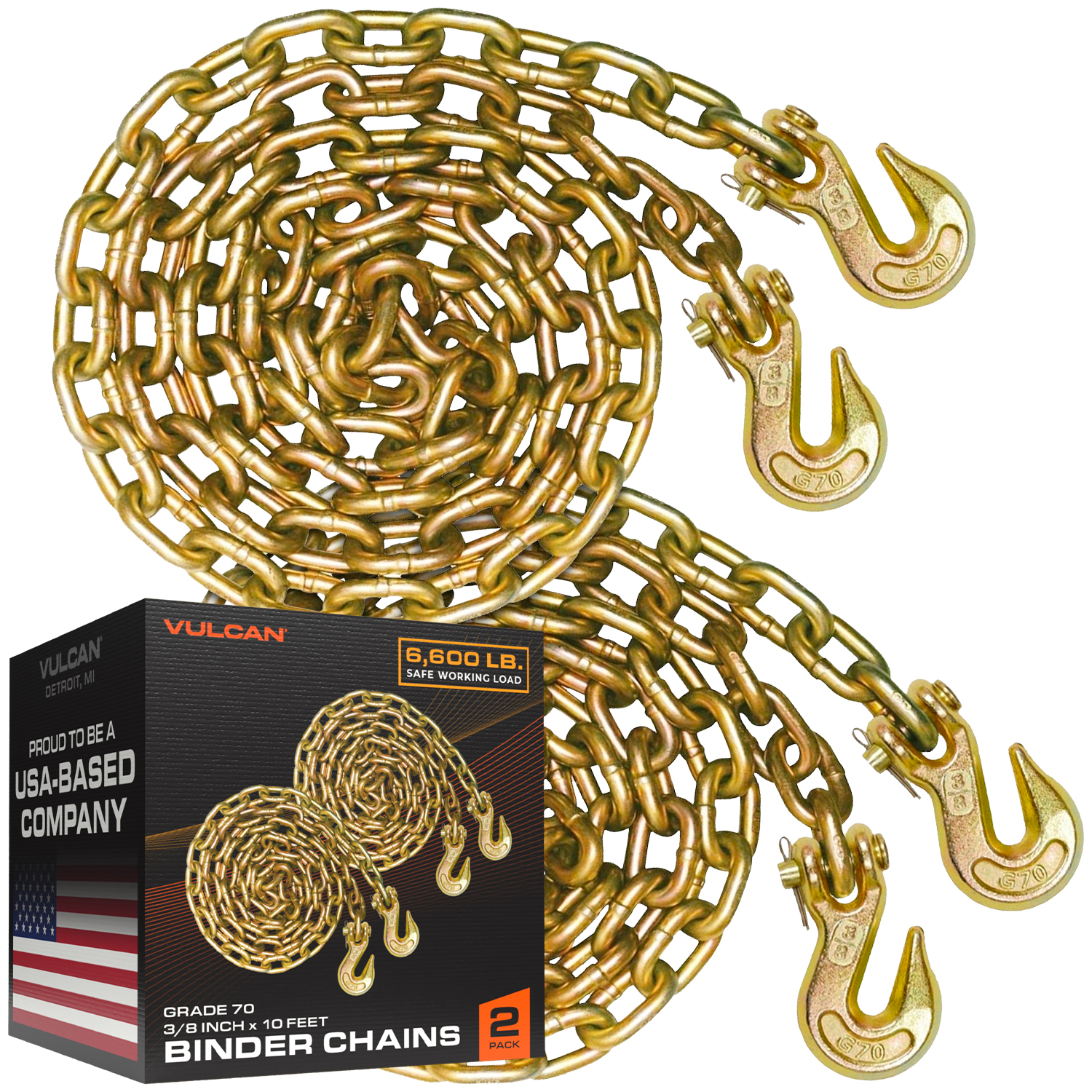 G70 Binder Chain 3/8 x 20 FT with Heavy Duty Grab Hooks Transport