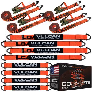 VULCAN Complete Axle Strap Tie Down Kit with Wire Hook Ratchet Straps - PROSeries - Includes (4) 22 Inch Axle Straps, (4) 36 Inch Axle Straps, and (4) 15' Wire J Hook Ratchet Straps