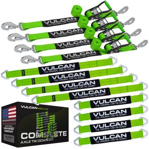 VULCAN Complete Axle Strap Tie Down Kit with Snap Hook Ratchet Straps - High-Viz - Includes (4) 22 Inch Axle Straps, (4) 36 Inch Axle Straps, and (4) 8' Snap Hook Ratchet Straps