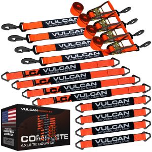 VULCAN Complete Axle Strap Tie Down Kit with Snap Hook Ratchet Straps - PROSeries - Includes (4) 22 Inch Axle Straps, (4) 36 Inch Axle Straps, and (4) 8' Snap Hook Ratchet Straps