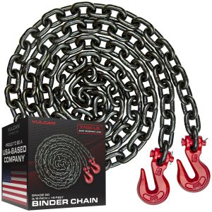 VULCAN Binder Chain Tie Down with Grab Hooks - Grade 80 - 3/8 Inch x 16 Foot - 7,100 Pound Safe Working Load