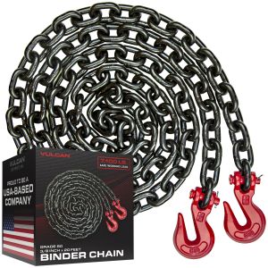 VULCAN Binder Chain Tie Down with Grab Hooks - Grade 80 - 3/8 Inch x 20 Foot - 7,100 Pound Safe Working Load