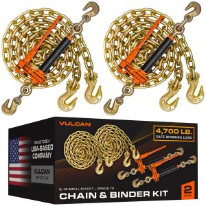 VULCAN Chain and Load Binder Kit - (2) Grade 70 5/16 Inch x 10 Foot Chains And (2) Folding Handle Load Binders - 4,700 Pound Safe Working Load