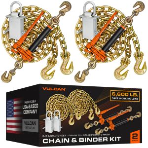 VULCAN Chain, Load Binder, and D Ring Kit - (2) Grade 70 3/8”x10” Chains, (2) Folding Handle Load Binders, (2) D Rings - 4,700 Pound Safe Working Load