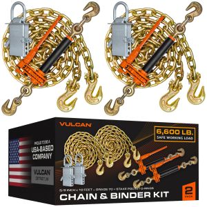 VULCAN Chain, Load Binder, and D Ring Kit - (2) Grade 70 3/8”x10” Chains, (2) Folding Handle Load Binders, (2) D Rings - 4,700 Pound Safe Working Load