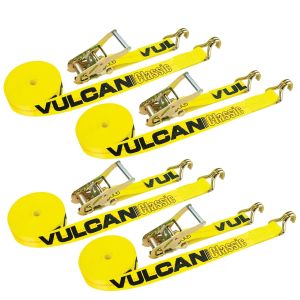 VULCAN Ratchet Straps with Wire J Hooks - 2 Inch x 15 Foot - 4 Pack - Classic Yellow - 3,300 Pound Safe Working Load