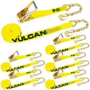VULCAN Ratchet Strap with Chain Anchors - 2 Inch x 27 Foot - 6 Pack - Classic Yellow - 3,600 Pound Safe Working Load