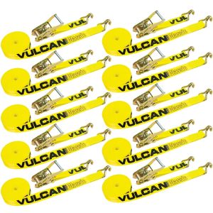 VULCAN Ratchet Strap with Wire Hooks - 2 Inch x 27 Foot - 10 Pack - Classic Yellow - 3,300 Pound Safe Working Load