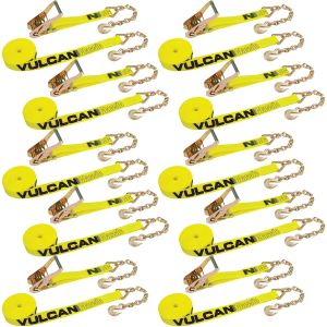 VULCAN Ratchet Strap with Chain Anchors - 2 Inch x 30 Foot, 10 Pack - Classic Yellow - 3,600 Pound Safe Working Load